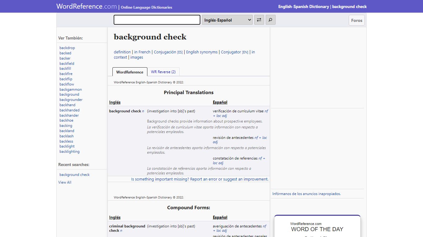 background check - English-Spanish Dictionary - WordReference.com